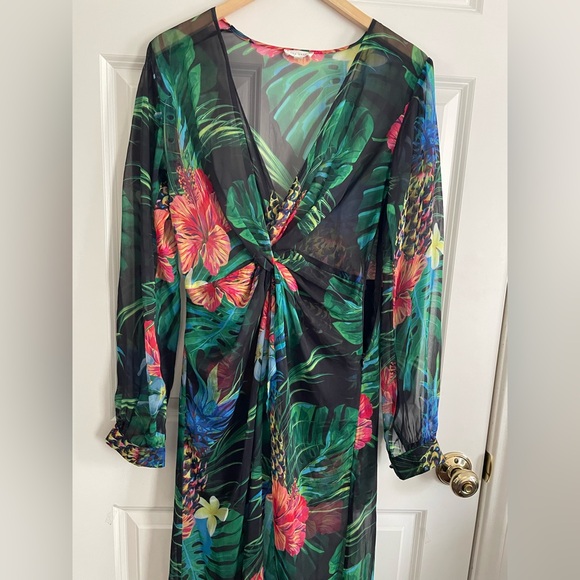 The Sang Vibrant Tropical Floral Print Maxi Dress Sheer Lined Skirt Under - Picture 3 of 10